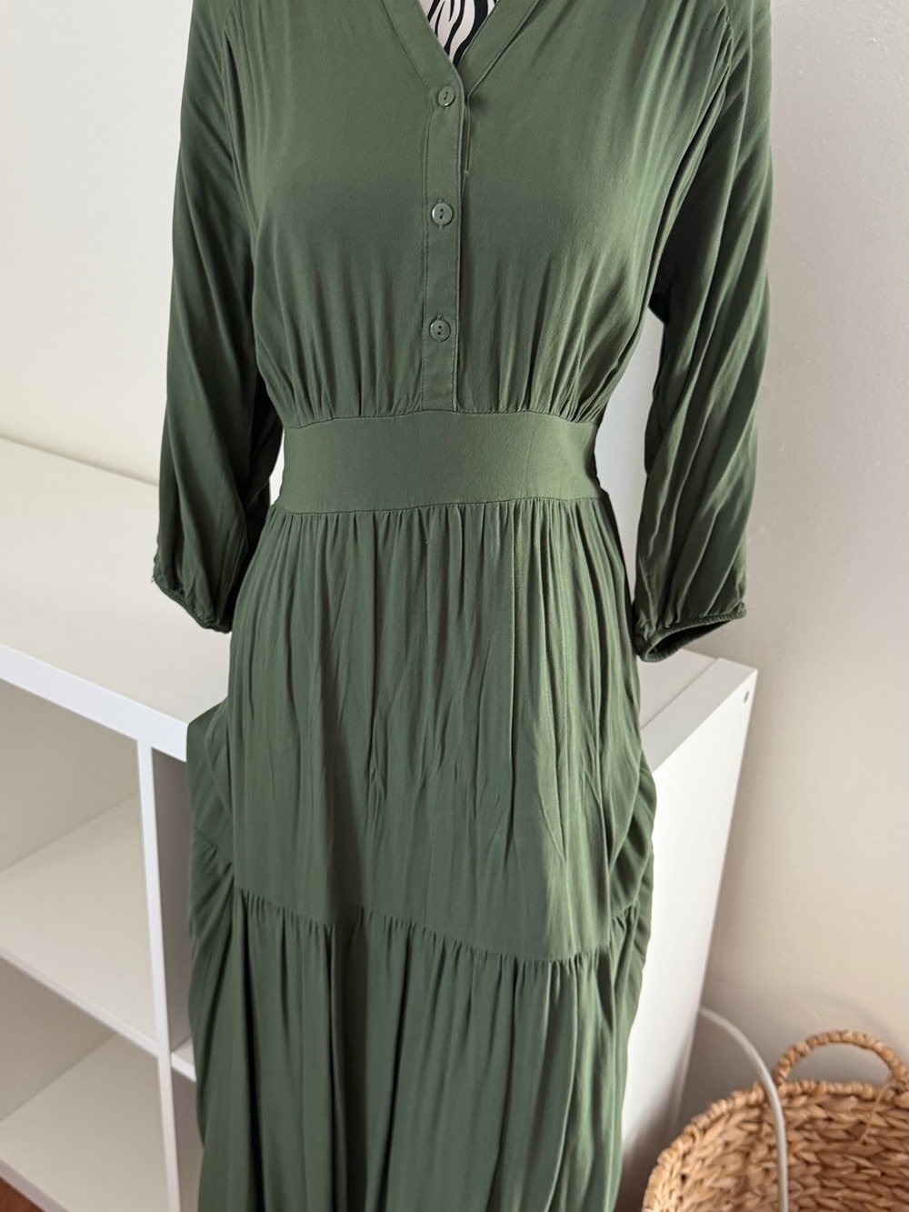 Time and Tru Olive Green Button-Front Tiered Maxi Dress
